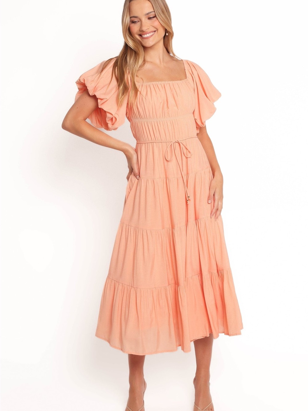 Petal & Pup Size XL NWT Orange Midi Stretch Dress Tie Waist Puff Sleeves